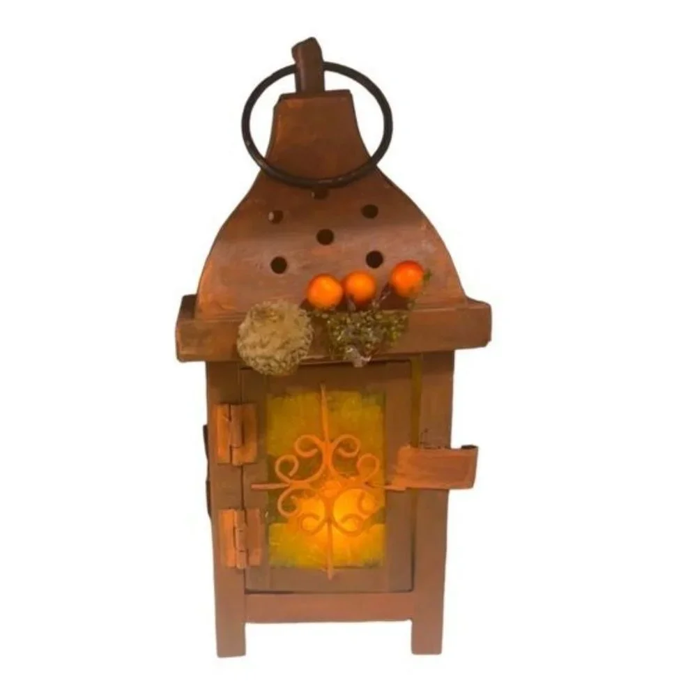 Decoupaged and Hand-Painted Candle Metal Lantern Candle Holder For Fall Decor